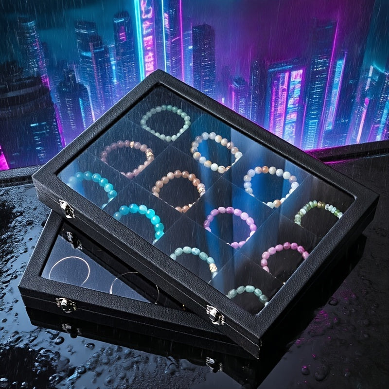 12-Slot Black Faux Leather Jewelry Box, Bracelet Organizer for Beaded Necklaces Rings Earrings Artificial Handmade Storage Display Case with Desktop Decoration