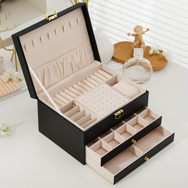 European and American Desktop Storage Organizer, Jewelry Box with Two or Three Layers to Eliminate Clutter; Soft Lining Enhances the Shine of Metal Accessories. Features Locking Mechanism & Multi-Compartment Design for Necklaces/Rings Protection in Fabric