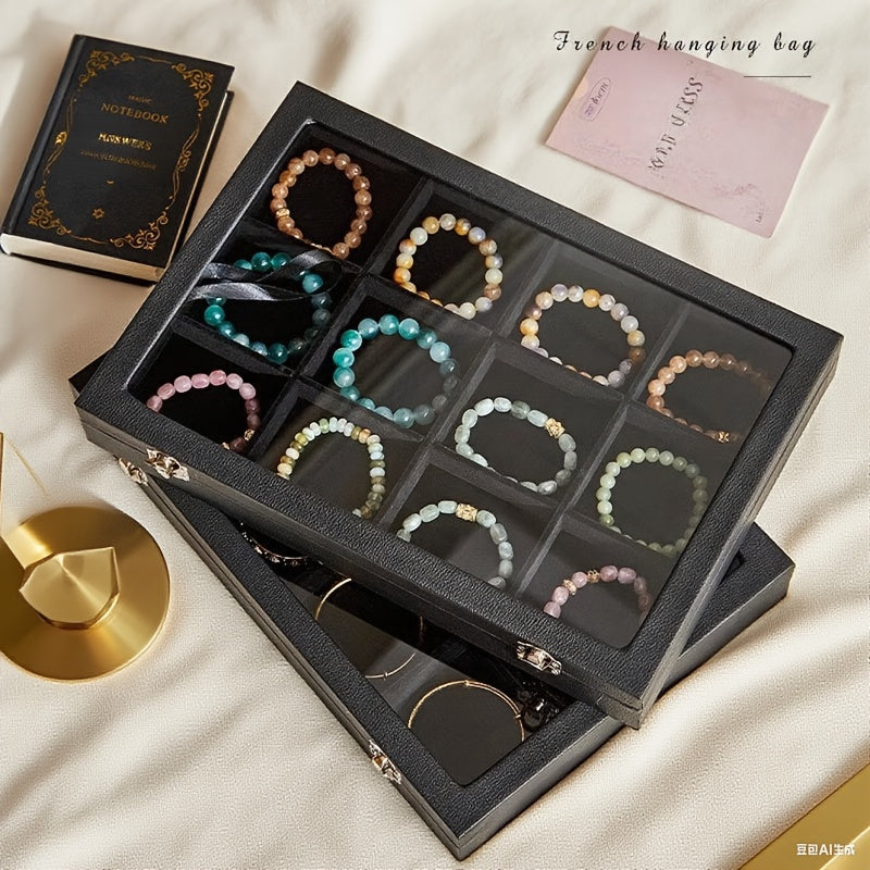 12-Slot Black Faux Leather Jewelry Box, Bracelet Organizer for Beaded Necklaces Rings Earrings Artificial Handmade Storage Display Case with Desktop Decoration