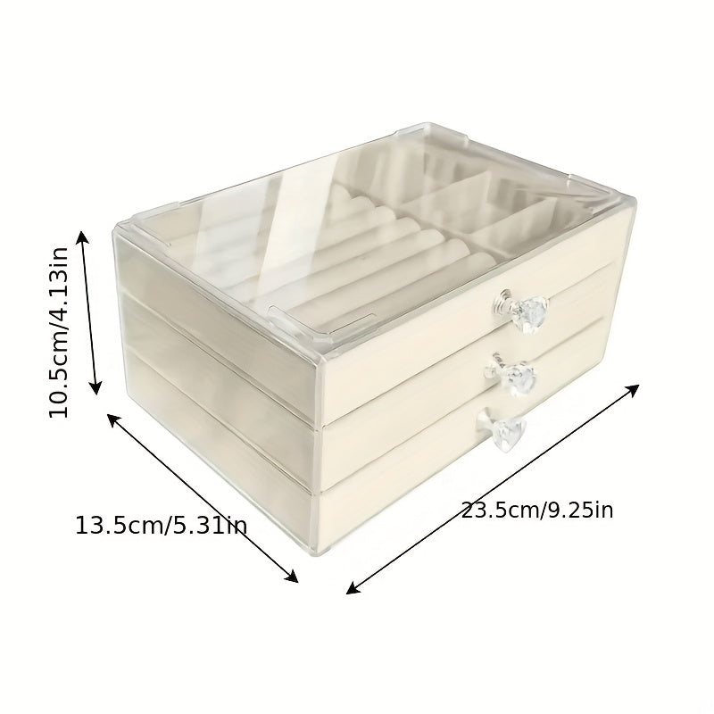 Ladies' Best Choice, 2025 New Acrylic Jewelry Storage Box for Earrings, Necklaces, Bracelets with 3 Drawers, Stackable and Displayable
