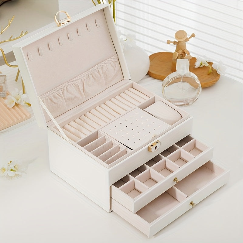 European and American Desktop Storage Organizer, Jewelry Box with Two or Three Layers to Eliminate Clutter; Soft Lining Enhances the Shine of Metal Accessories. Features Locking Mechanism & Multi-Compartment Design for Necklaces/Rings Protection in Fabric