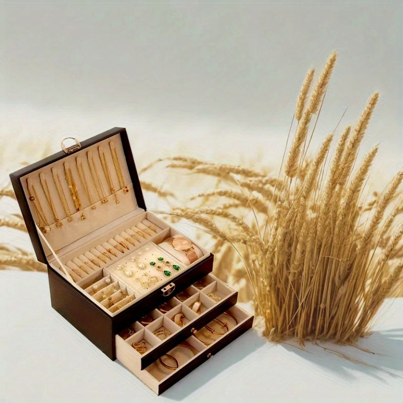 Luxury Jewelry Organizer Box with Soft-Lined Compartments - Dark Green/Soft Pink/other Colors, Multi-Layer Drawer Storage for Necklaces, Earrings, Rings, Watches - Elegant Home Decor & Wedding Gift - PU Leather Construction, Accessory Organization,