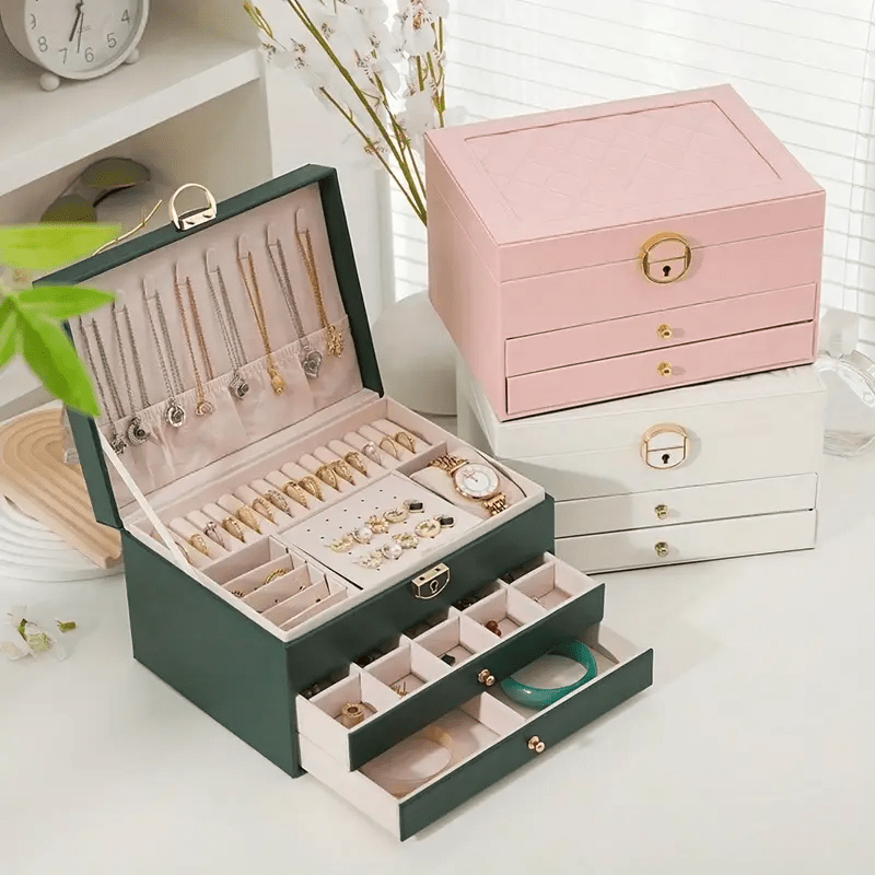 European and American Desktop Storage Organizer, Jewelry Box with Two or Three Layers to Eliminate Clutter; Soft Lining Enhances the Shine of Metal Accessories. Features Locking Mechanism & Multi-Compartment Design for Necklaces/Rings Protection in Fabric