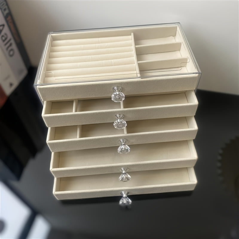 [Stylish Jewelry Case] 5-Tier Velvet Jewelry Case | Stylish Glossy Acrylic Desk Organizer with Knobs, Ample Space for Jewelry, Cosmetics & Trinkets - Ideal Present for Ladies & Lasses, Ornamental Storage Solution