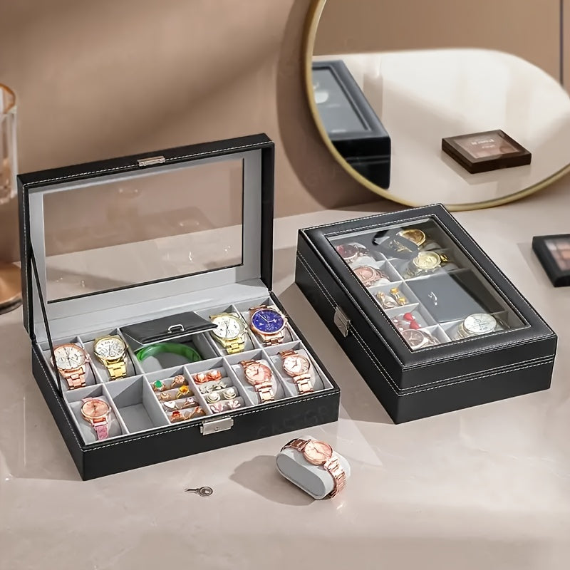 10 Scenes Available, Black Simple Transparent Flip Jewelry Box with Eight Dial Display Area, Faux Leather Jewelry Box for Men'S and Women'S Watches, Rings, Earrings, Necklaces, Bracelets Storage, Home Decorative Jewelry Box, Suitable for Family Jewelry