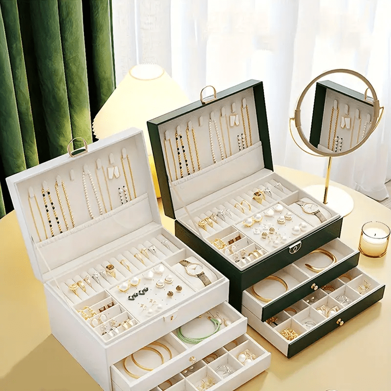 European and American Desktop Storage Organizer, Jewelry Box with Two or Three Layers to Eliminate Clutter; Soft Lining Enhances the Shine of Metal Accessories. Features Locking Mechanism & Multi-Compartment Design for Necklaces/Rings Protection in Fabric