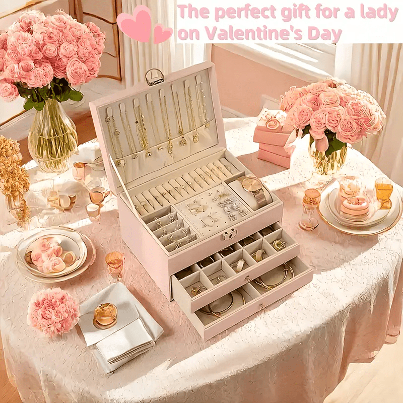 European and American Desktop Storage Organizer, Jewelry Box with Two or Three Layers to Eliminate Clutter; Soft Lining Enhances the Shine of Metal Accessories. Features Locking Mechanism & Multi-Compartment Design for Necklaces/Rings Protection in Fabric