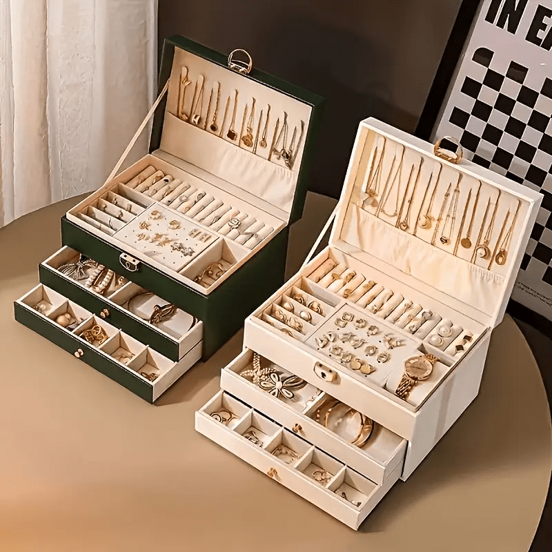 Luxury Jewelry Organizer Box with Soft-Lined Compartments - Dark Green/Soft Pink/other Colors, Multi-Layer Drawer Storage for Necklaces, Earrings, Rings, Watches - Elegant Home Decor & Wedding Gift - PU Leather Construction, Accessory Organization,