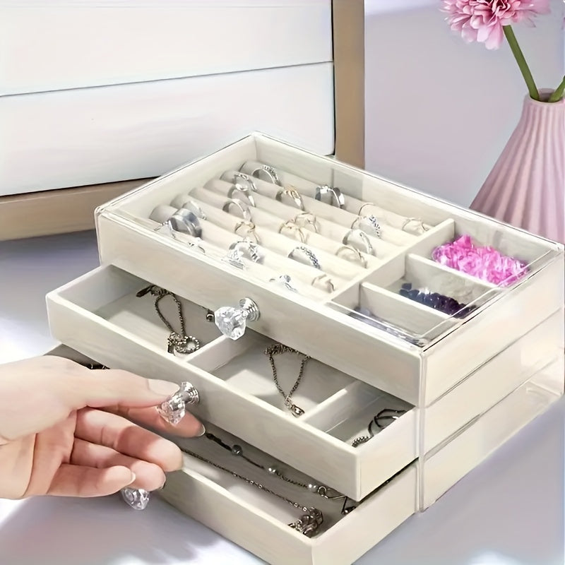 Large Capacity Jewelry Organizer Box with Transparent Lid - Elegant Beige/White/Gray/Black/ - Watch, Bracelet, Earring, Necklace Storage - Durable Plastic Construction - for Home, Salon, Boutique - Jewelry Display Case - Easy-Clean Surface - Modern