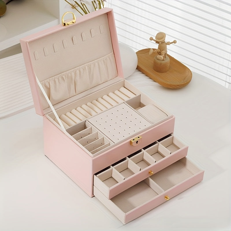 European and American Desktop Storage Organizer, Jewelry Box with Two or Three Layers to Eliminate Clutter; Soft Lining Enhances the Shine of Metal Accessories. Features Locking Mechanism & Multi-Compartment Design for Necklaces/Rings Protection in Fabric