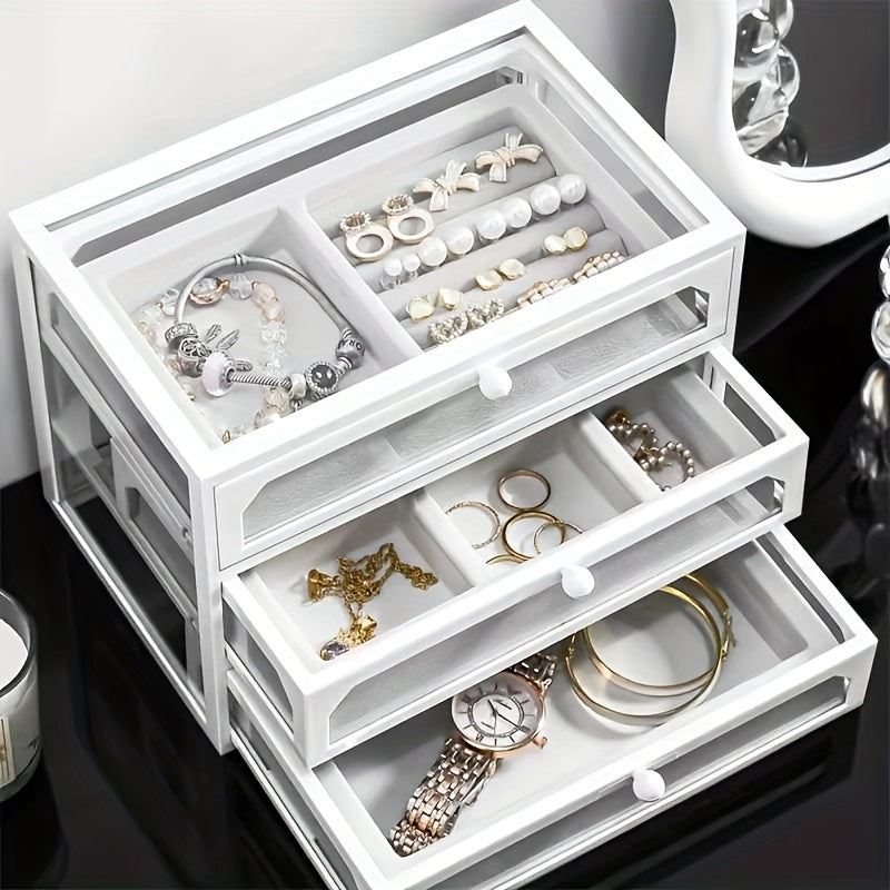 Ladies' Best Choice, 2025 New Acrylic Jewelry Storage Box for Earrings, Necklaces, Bracelets with 3 Drawers, Stackable and Displayable