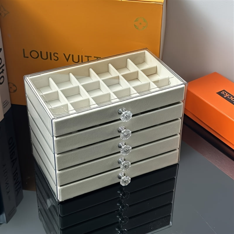 [Stylish Jewelry Case] 5-Tier Velvet Jewelry Case | Stylish Glossy Acrylic Desk Organizer with Knobs, Ample Space for Jewelry, Cosmetics & Trinkets - Ideal Present for Ladies & Lasses, Ornamental Storage Solution