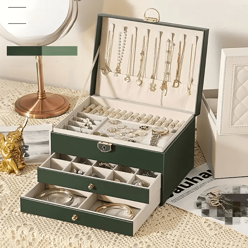 Luxury Jewelry Organizer Box with Soft-Lined Compartments - Dark Green/Soft Pink/other Colors, Multi-Layer Drawer Storage for Necklaces, Earrings, Rings, Watches - Elegant Home Decor & Wedding Gift - PU Leather Construction, Accessory Organization,