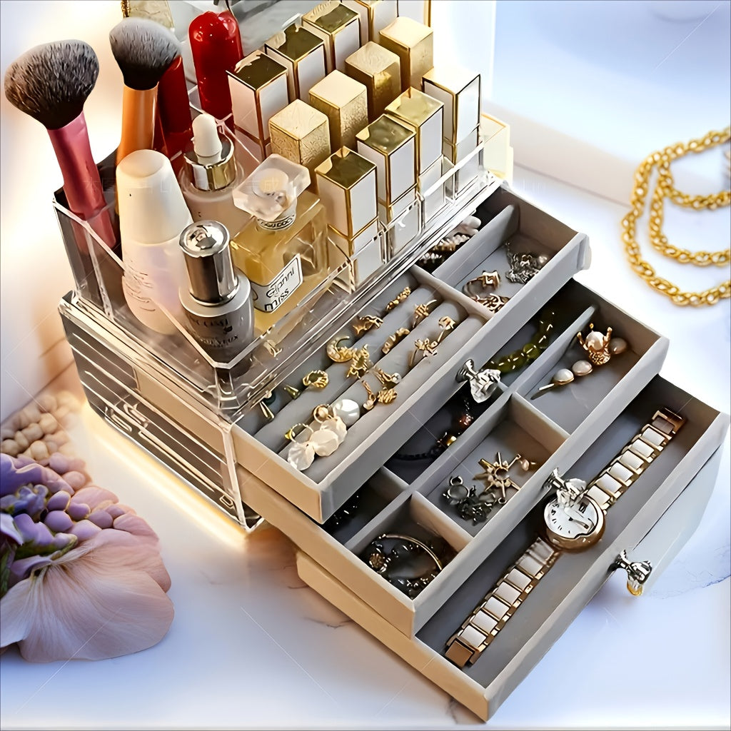 Ladies' Best Choice, 2025 New Acrylic Jewelry Storage Box for Earrings, Necklaces, Bracelets with 3 Drawers, Stackable and Displayable