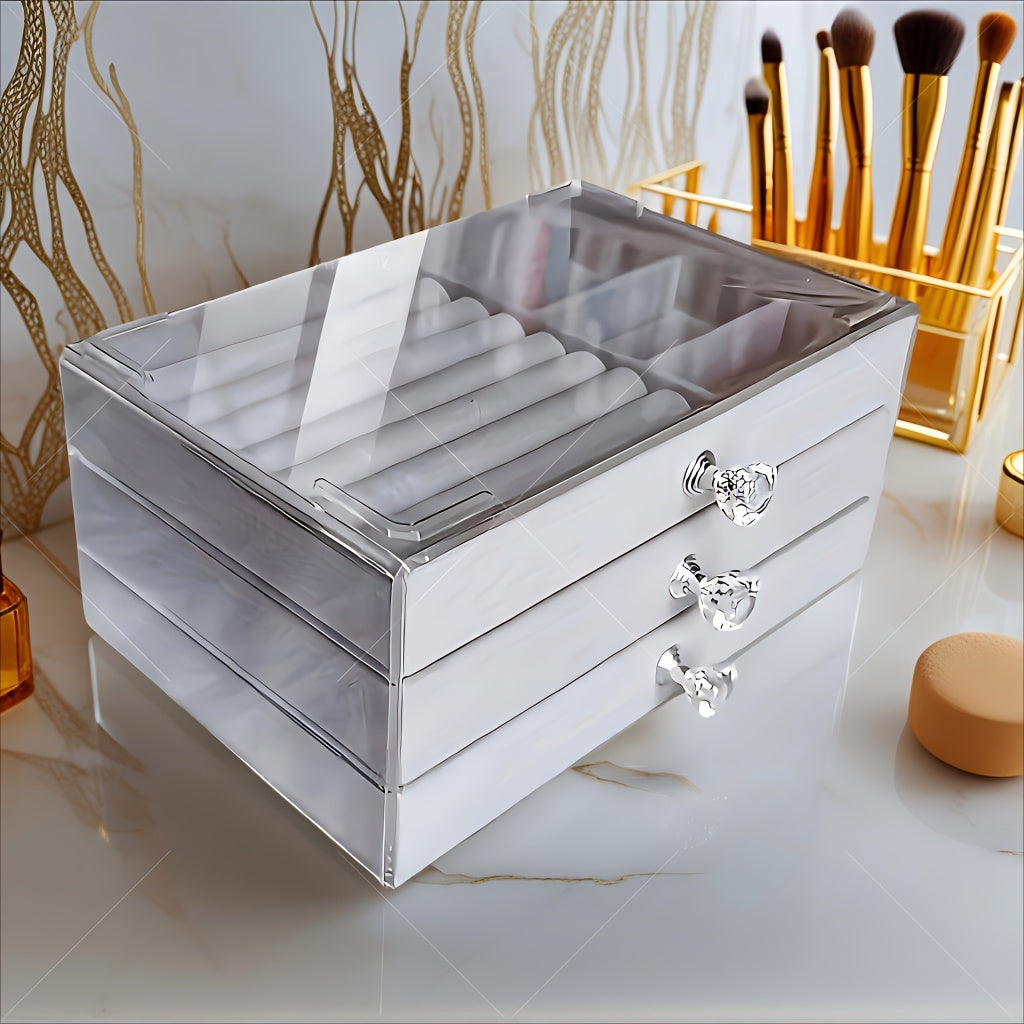 Ladies' Best Choice, 2025 New Acrylic Jewelry Storage Box for Earrings, Necklaces, Bracelets with 3 Drawers, Stackable and Displayable