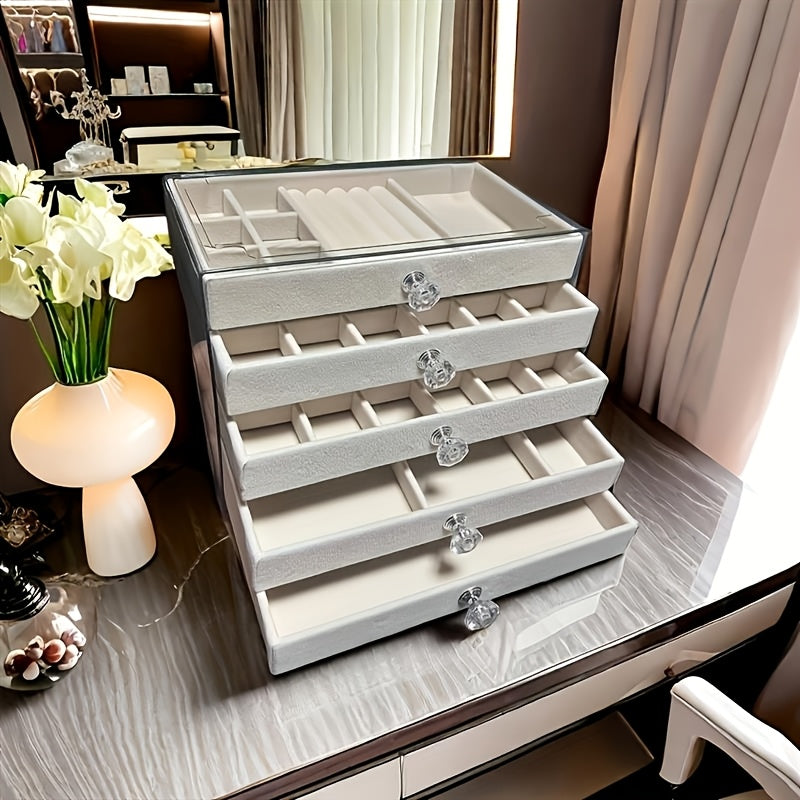 [Stylish Jewelry Case] 5-Tier Velvet Jewelry Case | Stylish Glossy Acrylic Desk Organizer with Knobs, Ample Space for Jewelry, Cosmetics & Trinkets - Ideal Present for Ladies & Lasses, Ornamental Storage Solution