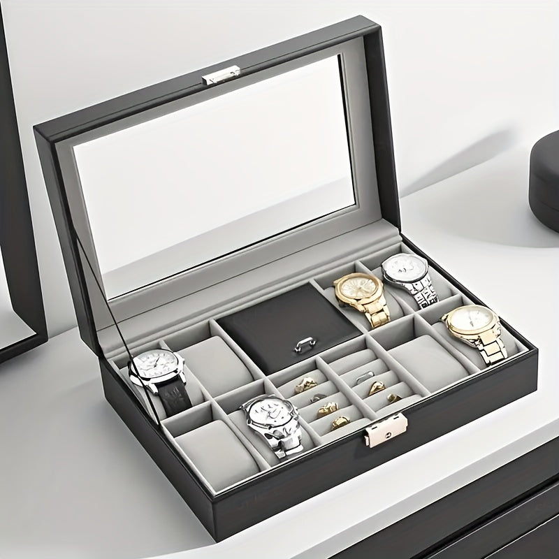 10 Scenes Available, Black Simple Transparent Flip Jewelry Box with Eight Dial Display Area, Faux Leather Jewelry Box for Men'S and Women'S Watches, Rings, Earrings, Necklaces, Bracelets Storage, Home Decorative Jewelry Box, Suitable for Family Jewelry