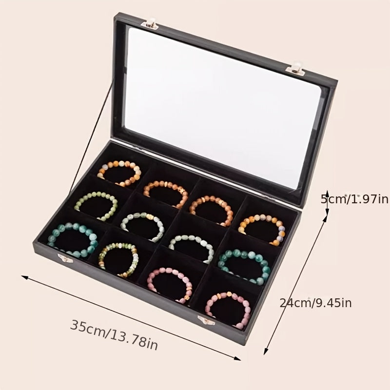 12-Slot Black Faux Leather Jewelry Box, Bracelet Organizer for Beaded Necklaces Rings Earrings Artificial Handmade Storage Display Case with Desktop Decoration