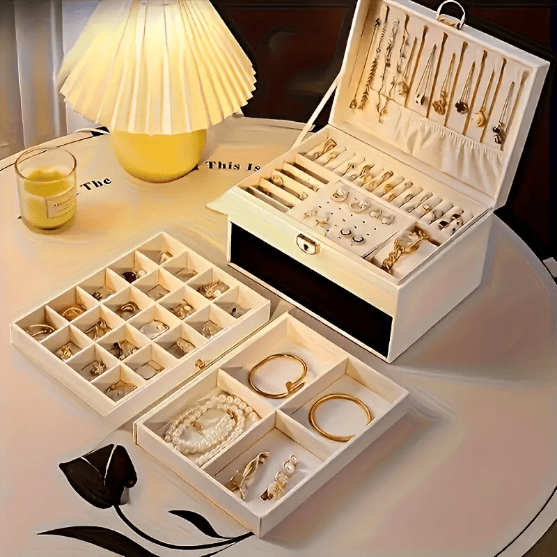 European and American Desktop Storage Organizer, Jewelry Box with Two or Three Layers to Eliminate Clutter; Soft Lining Enhances the Shine of Metal Accessories. Features Locking Mechanism & Multi-Compartment Design for Necklaces/Rings Protection in Fabric