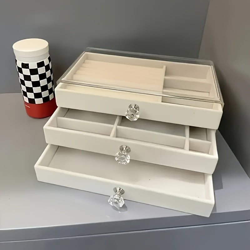 Large Capacity Jewelry Organizer Box with Transparent Lid - Elegant Beige/White/Gray/Black/ - Watch, Bracelet, Earring, Necklace Storage - Durable Plastic Construction - for Home, Salon, Boutique - Jewelry Display Case - Easy-Clean Surface - Modern