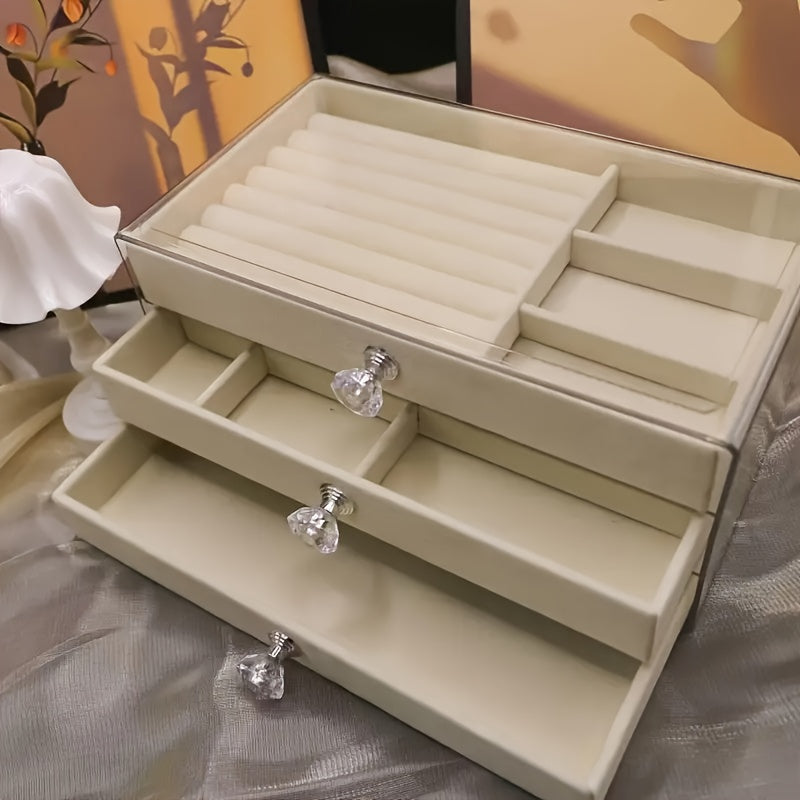 Large Capacity Jewelry Organizer Box with Transparent Lid - Elegant Beige/White/Gray/Black/ - Watch, Bracelet, Earring, Necklace Storage - Durable Plastic Construction - for Home, Salon, Boutique - Jewelry Display Case - Easy-Clean Surface - Modern