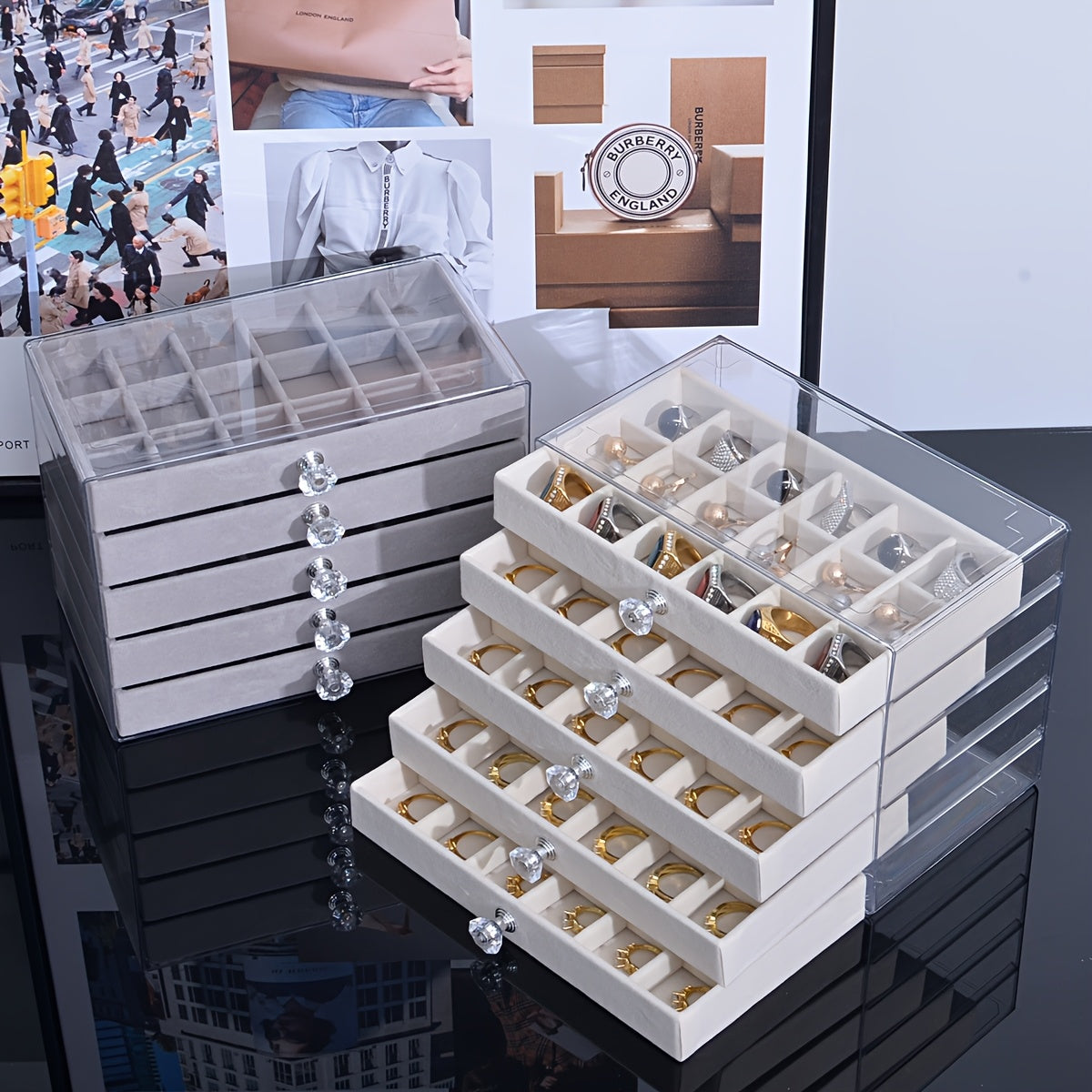 1/2pcs, Transparent Home Desktop 5-Tier Counter Drawer Jewelry Box Organizer Multi-Functional Divided Storage Box Stackable Drawers for Bracelets Rings Earrings Necklace Holder, Jewelry Case, Jewelry Boxes