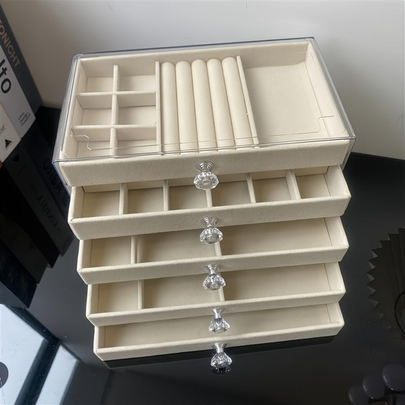 [Stylish Jewelry Case] 5-Tier Velvet Jewelry Case | Stylish Glossy Acrylic Desk Organizer with Knobs, Ample Space for Jewelry, Cosmetics & Trinkets - Ideal Present for Ladies & Lasses, Ornamental Storage Solution