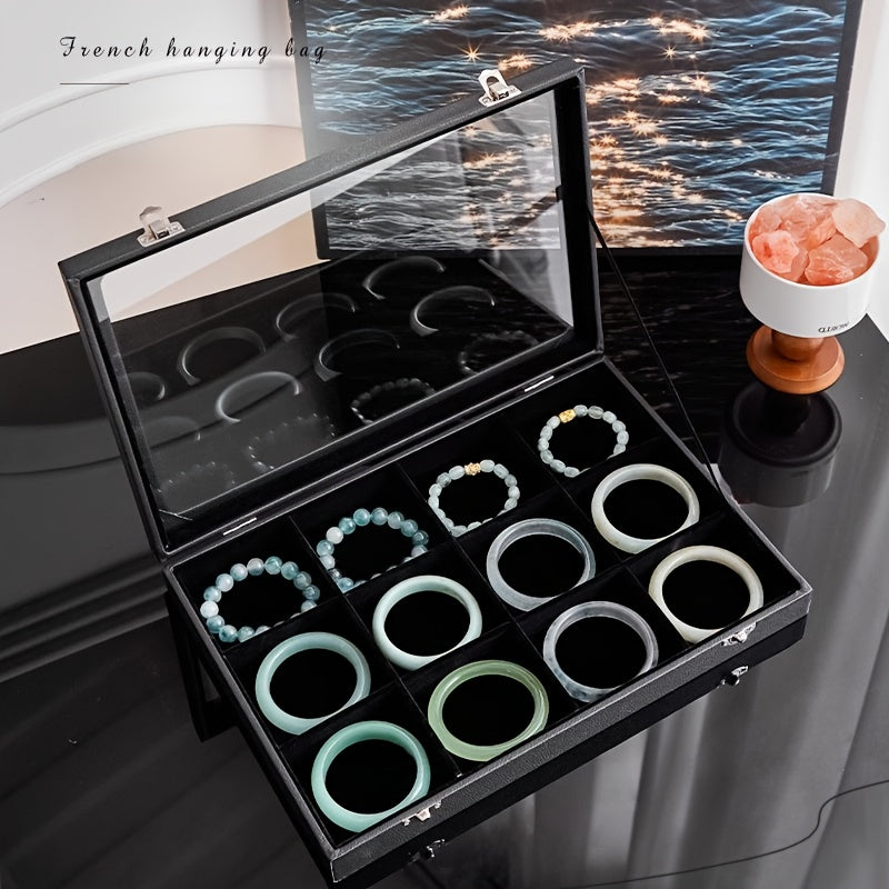 12-Slot Black Faux Leather Jewelry Box, Bracelet Organizer for Beaded Necklaces Rings Earrings Artificial Handmade Storage Display Case with Desktop Decoration