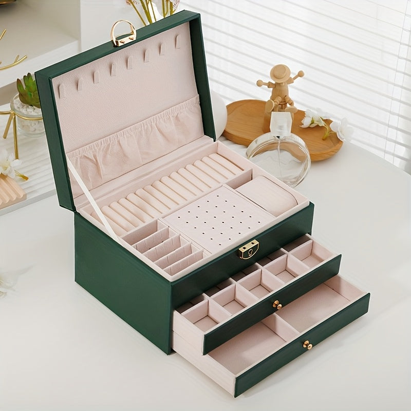 European and American Desktop Storage Organizer, Jewelry Box with Two or Three Layers to Eliminate Clutter; Soft Lining Enhances the Shine of Metal Accessories. Features Locking Mechanism & Multi-Compartment Design for Necklaces/Rings Protection in Fabric