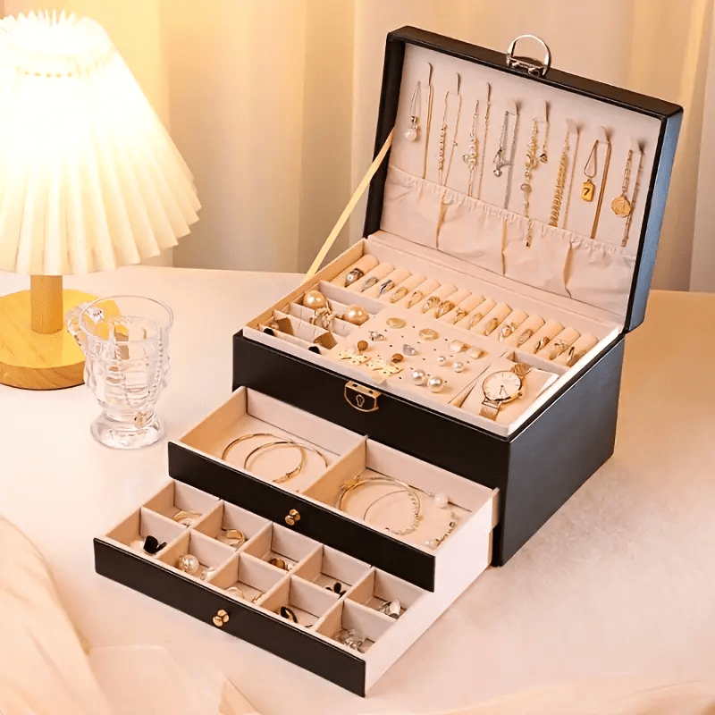 Women'S Jewelry Organizer Box with Soft Interior Lining - Elegant Black Exterior, Multi-Tier Storage Case for Necklaces, Rings, Earrings, Bracelets - Portable Jewelry armoire for Home, Travel, Gift - Durable Construction Jewelry Storage Organizer, Home