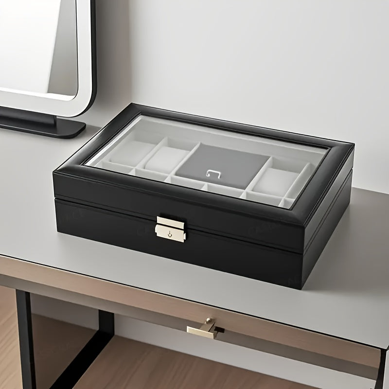 10 Scenes Available, Black Simple Transparent Flip Jewelry Box with Eight Dial Display Area, Faux Leather Jewelry Box for Men'S and Women'S Watches, Rings, Earrings, Necklaces, Bracelets Storage, Home Decorative Jewelry Box, Suitable for Family Jewelry