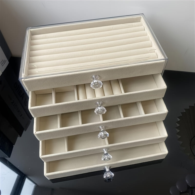 [Stylish Jewelry Case] 5-Tier Velvet Jewelry Case | Stylish Glossy Acrylic Desk Organizer with Knobs, Ample Space for Jewelry, Cosmetics & Trinkets - Ideal Present for Ladies & Lasses, Ornamental Storage Solution