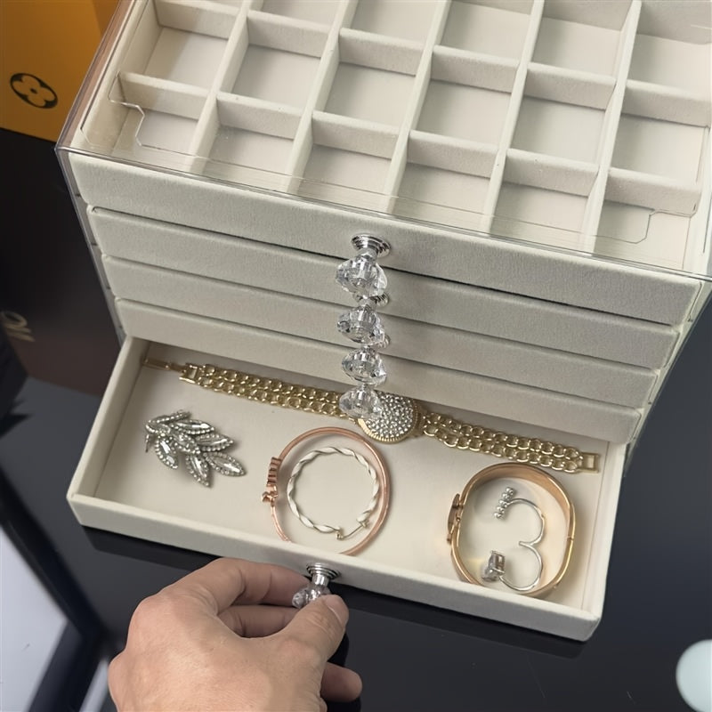 [Stylish Jewelry Case] 5-Tier Velvet Jewelry Case | Stylish Glossy Acrylic Desk Organizer with Knobs, Ample Space for Jewelry, Cosmetics & Trinkets - Ideal Present for Ladies & Lasses, Ornamental Storage Solution