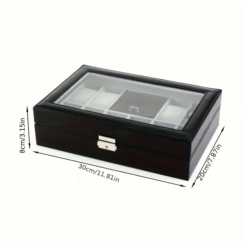 10 Scenes Available, Black Simple Transparent Flip Jewelry Box with Eight Dial Display Area, Faux Leather Jewelry Box for Men'S and Women'S Watches, Rings, Earrings, Necklaces, Bracelets Storage, Home Decorative Jewelry Box, Suitable for Family Jewelry