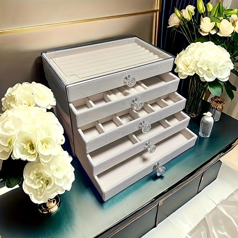 [Stylish Jewelry Case] 5-Tier Velvet Jewelry Case | Stylish Glossy Acrylic Desk Organizer with Knobs, Ample Space for Jewelry, Cosmetics & Trinkets - Ideal Present for Ladies & Lasses, Ornamental Storage Solution