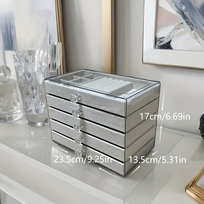 [Stylish Jewelry Case] 5-Tier Velvet Jewelry Case | Stylish Glossy Acrylic Desk Organizer with Knobs, Ample Space for Jewelry, Cosmetics & Trinkets - Ideal Present for Ladies & Lasses, Ornamental Storage Solution