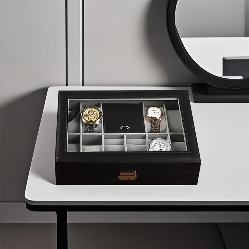 10 Scenes Available, Black Simple Transparent Flip Jewelry Box with Eight Dial Display Area, Faux Leather Jewelry Box for Men'S and Women'S Watches, Rings, Earrings, Necklaces, Bracelets Storage, Home Decorative Jewelry Box, Suitable for Family Jewelry