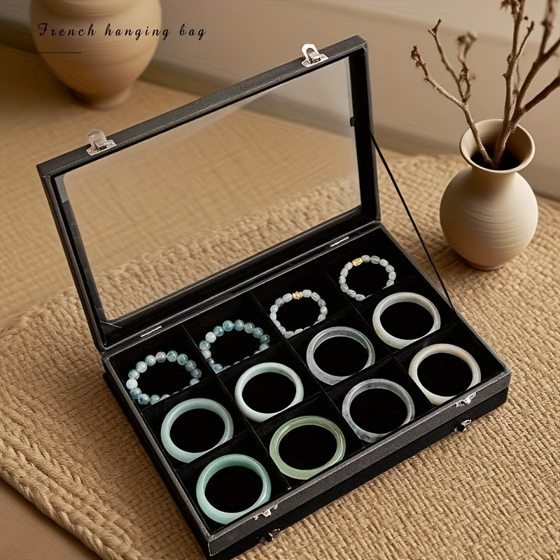 12-Slot Black Faux Leather Jewelry Box, Bracelet Organizer for Beaded Necklaces Rings Earrings Artificial Handmade Storage Display Case with Desktop Decoration