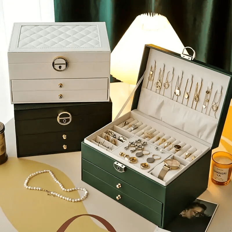 Luxury Jewelry Organizer Box with Soft-Lined Compartments - Dark Green/Soft Pink/other Colors, Multi-Layer Drawer Storage for Necklaces, Earrings, Rings, Watches - Elegant Home Decor & Wedding Gift - PU Leather Construction, Accessory Organization,