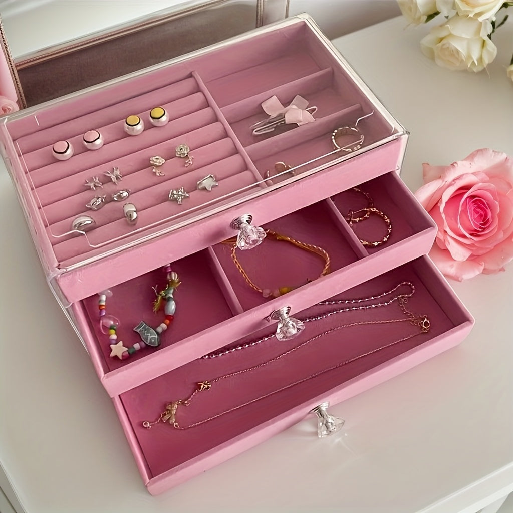 Ladies' Best Choice, 2025 New Acrylic Jewelry Storage Box for Earrings, Necklaces, Bracelets with 3 Drawers, Stackable and Displayable