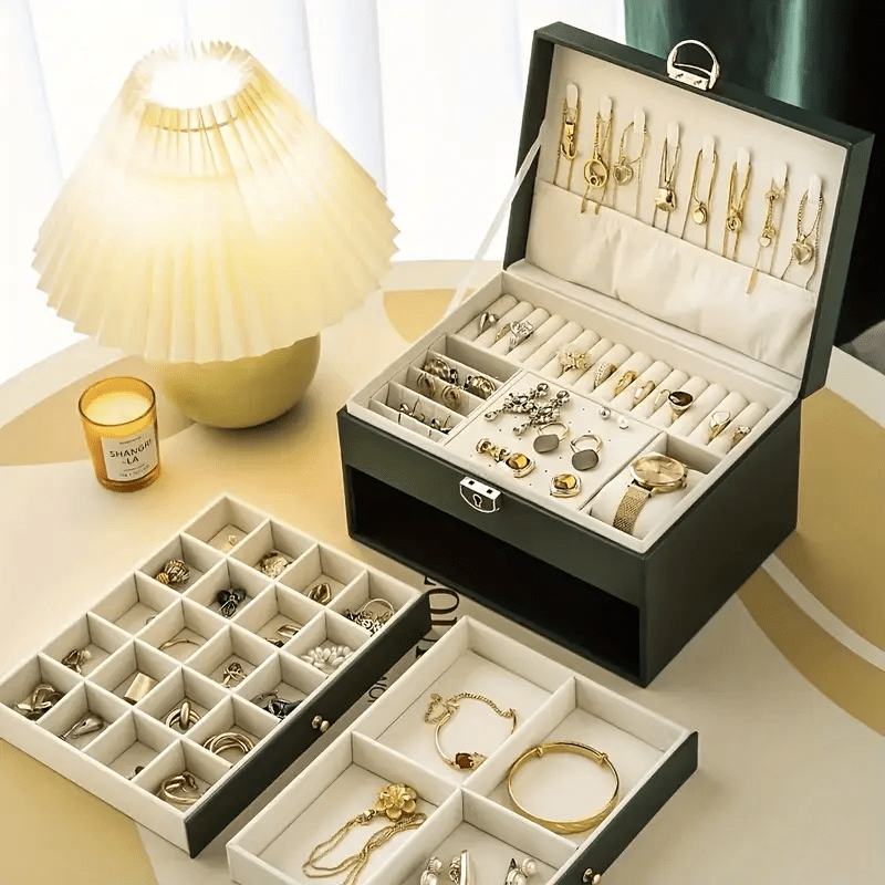 Luxury Jewelry Organizer Box with Soft-Lined Compartments - Dark Green/Soft Pink/other Colors, Multi-Layer Drawer Storage for Necklaces, Earrings, Rings, Watches - Elegant Home Decor & Wedding Gift - PU Leather Construction, Accessory Organization,