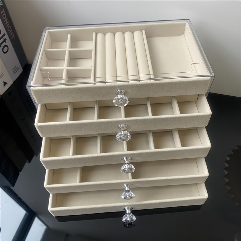 [Stylish Jewelry Case] 5-Tier Velvet Jewelry Case | Stylish Glossy Acrylic Desk Organizer with Knobs, Ample Space for Jewelry, Cosmetics & Trinkets - Ideal Present for Ladies & Lasses, Ornamental Storage Solution