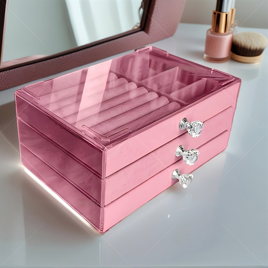 Ladies' Best Choice, 2025 New Acrylic Jewelry Storage Box for Earrings, Necklaces, Bracelets with 3 Drawers, Stackable and Displayable